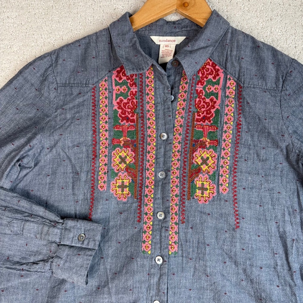 Sundance Embroidered Button Chambray Shirt XS Blue Floral